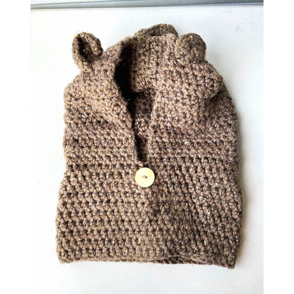 Crocheted Bear Ear Hooded Cowl Balaclava Brown Tweed Button Hat